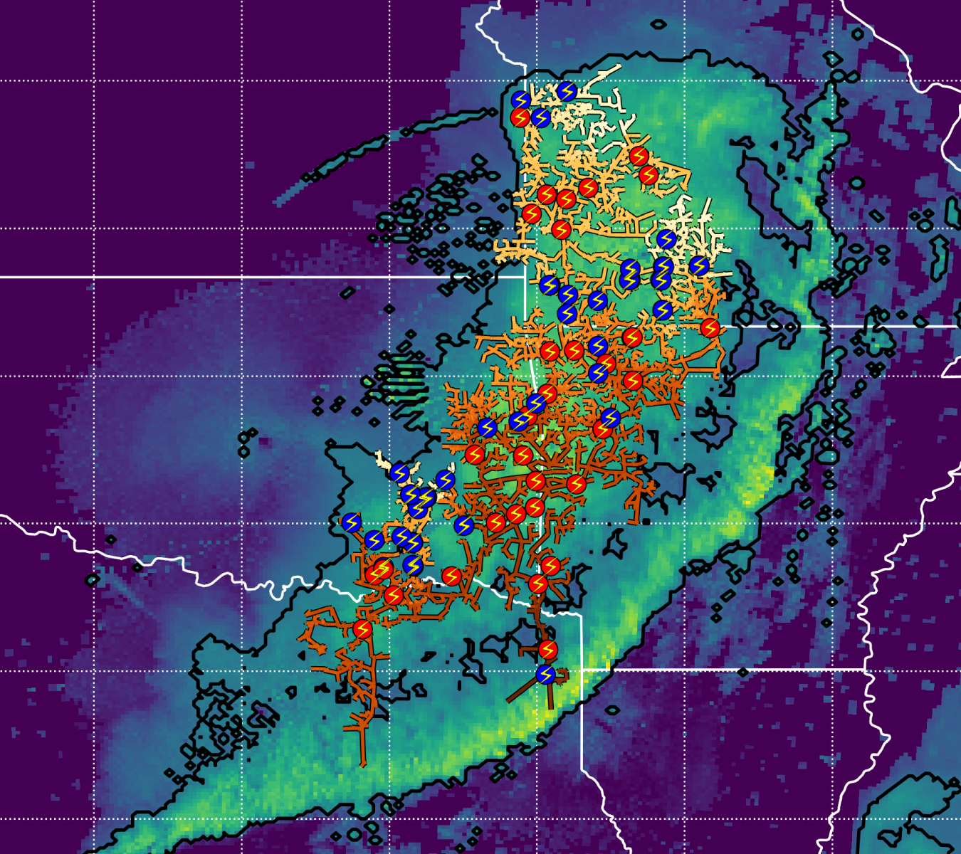 Lightning flash imagery overlaid on top of multi-radar composite reflectivity NEXRAD radar imagery. Red circles indicate positive flashes while blue flashes indicate negative ones.