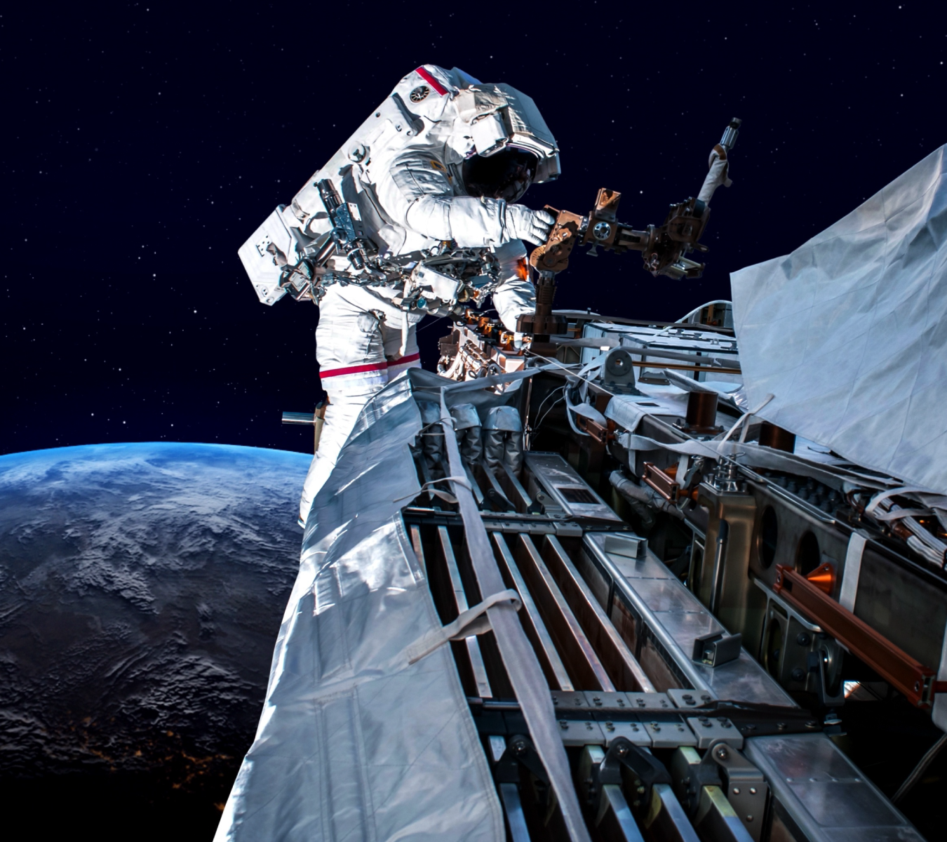 An astronaut works on a satellite while orbiting earth.